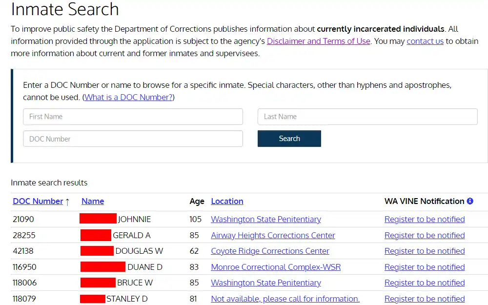 A screenshot of the Inmate Search tool provided by the Washington State Department of Corrections, which can be searched by providing the inmate's first name, last name, and DOC number that will show matching inmates' DOC number, name, age, location, and WA Vine notification.