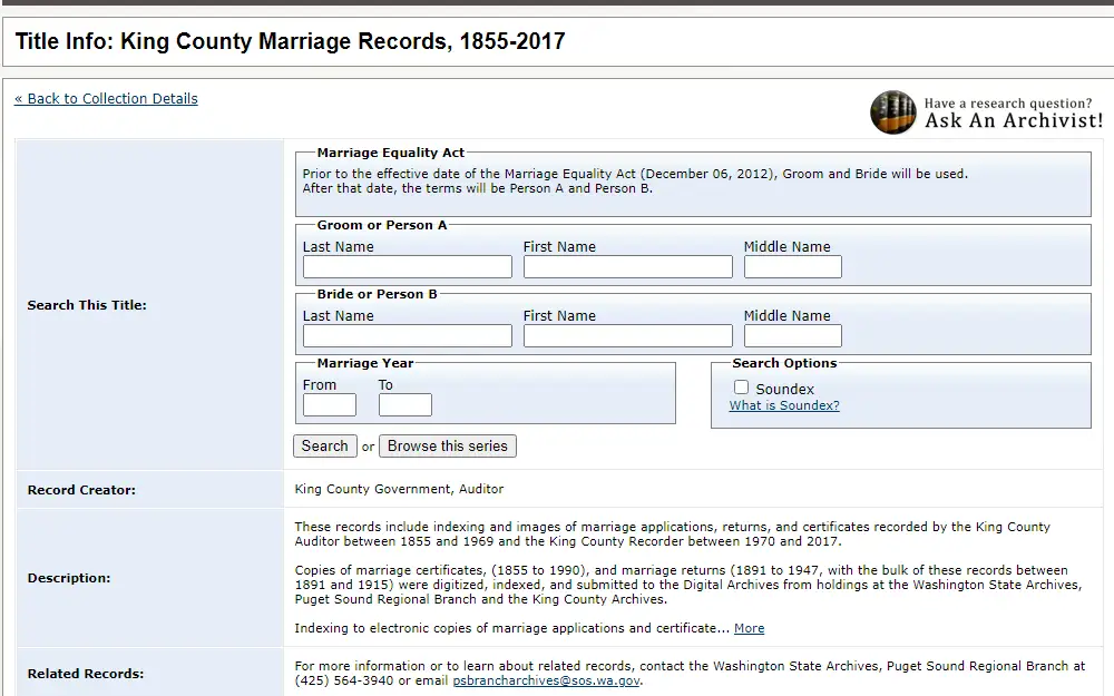 A screenshot of the King County Marriage Records from 1855-2017 search tool that is searchable by providing the groom and bride's full name, marriage year, and other search options.