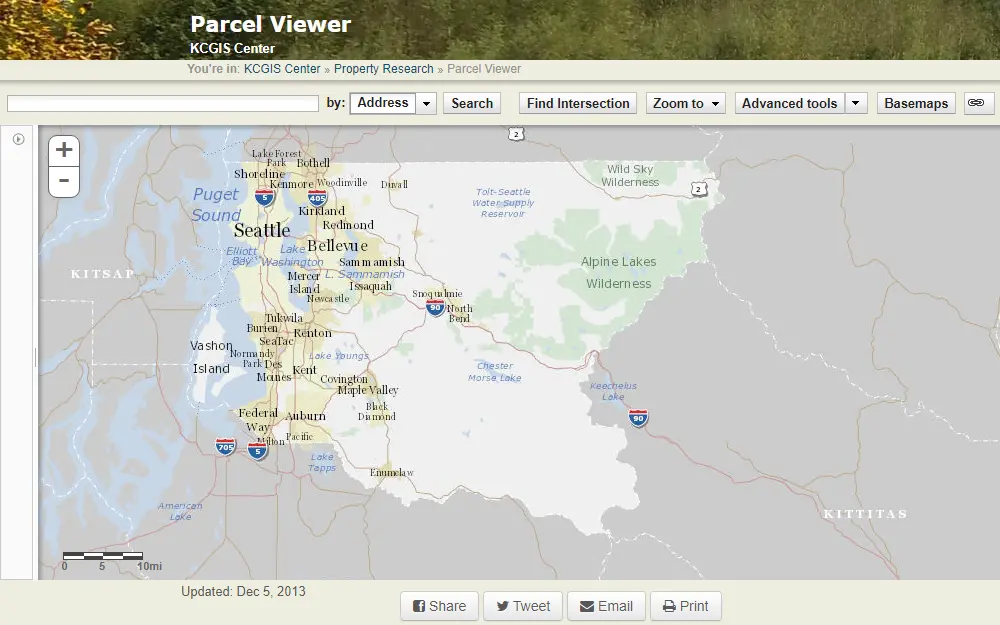 A screenshot of King County's Parcel Viewer showing the map of King County and where one can do property research by providing the parcel number.