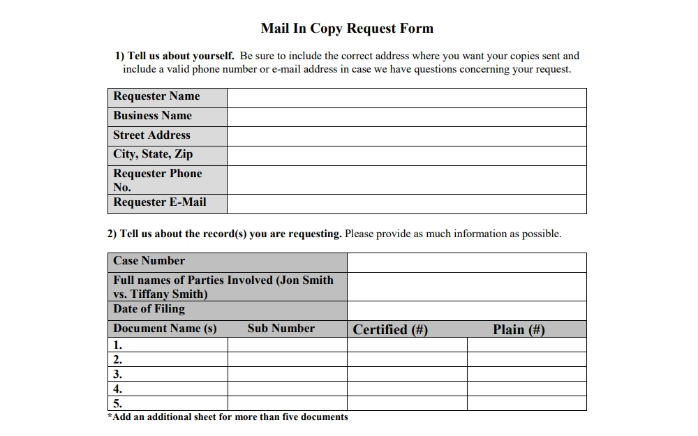A screenshot of the Mail in Copy Request form that needs to be completed and submitted when requesting a divorce record through mail.