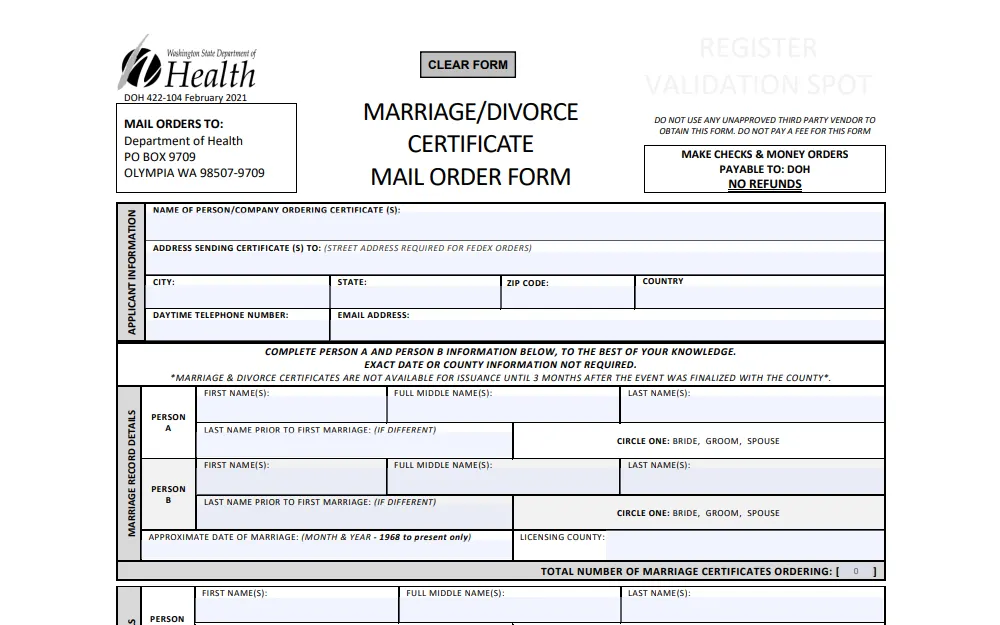 A screenshot of the Marriage/Divorce Certificate Mail Order Form that must be completed and submitted to the Washington State Department of Health's P.O. box address when one requests a copy of a marriage or divorce certificate.