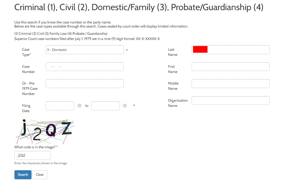 A screenshot of the Records Access Portal of King County, where one can search for cases about criminal, civil, domestic/family, or probate/guardianship cases by providing the case type, case number, name, case number, organization name, filing date, and CAPTCHA.