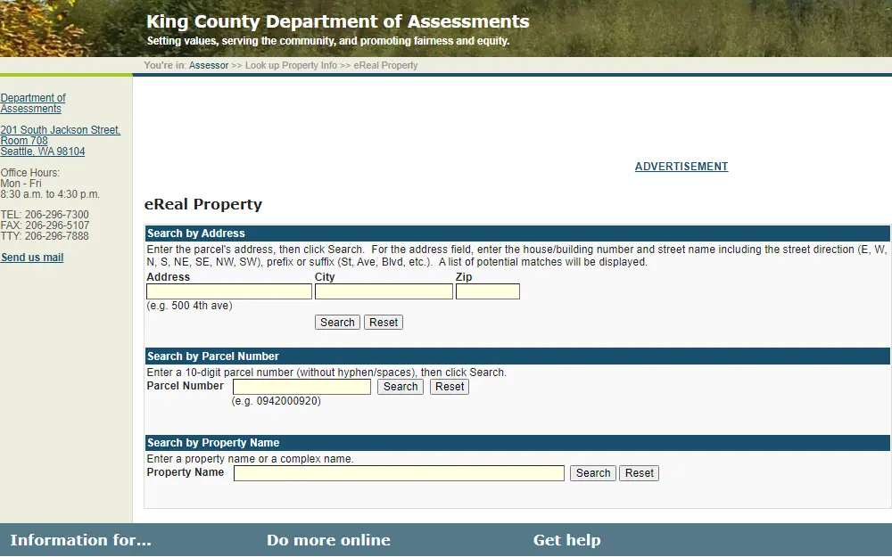 A screenshot of King County's eReal Property search tool that can be searched by providing the address, city, and zip code, or by parcel number, or by property name.
