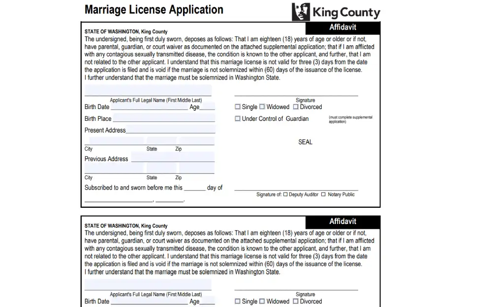 An screenshot displaying a marriage license application form from King County, including spaces for personal details such as full legal name, birth date, birth place, and current address, with a section for applicant affirmation and official use.