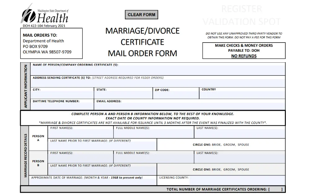 An screenshot of a Washington State Department of Health form for requesting certified copies of marriage/divorce certificates through mail order, featuring sections for applicant information and details for both parties involved.
