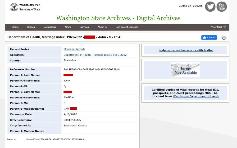 A screenshot of the Washington State Archives Digital Archives interface displaying a marriage index entry, with reference details for a marriage record, including names and a ceremony date, but the image of the actual document is not available. The record is from the statewide Department of Health Marriage Index collection spanning 1969-2022.