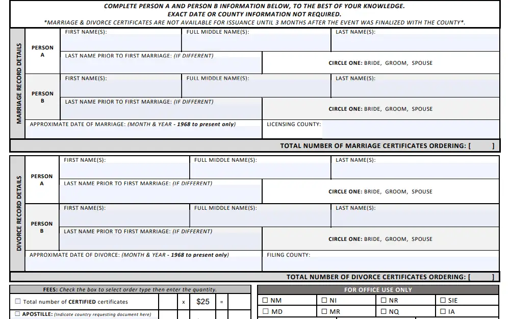 Screenshot of a section of the mail order form displaying the parts for marriage and divorce with fields provided to input the names of both parties and the corresponding date and place of the event.