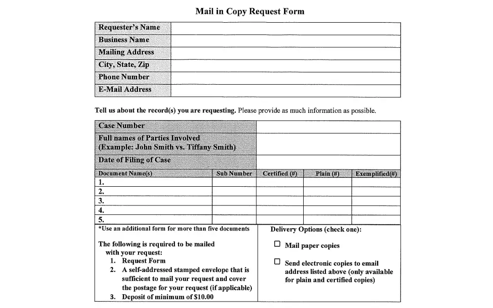 A screenshot of the copy request form displaying the list of information needed to request case records, such as the requester's name, mailing address, contact information, case number, parties' names, date of case filing, and document details.