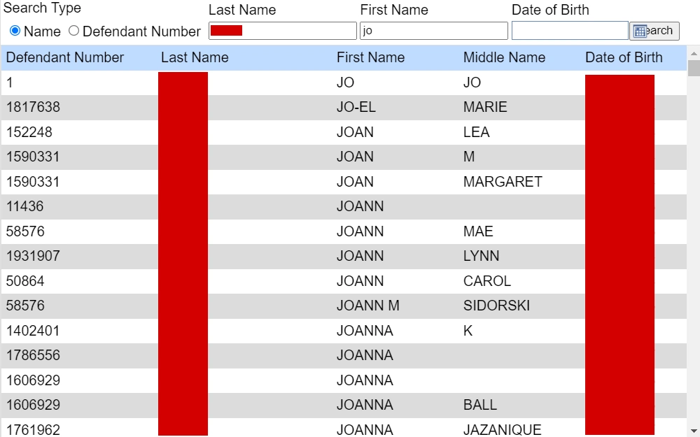 A screenshot of the defendant search results displaying the individuals' defendant numbers, names and birthdays.