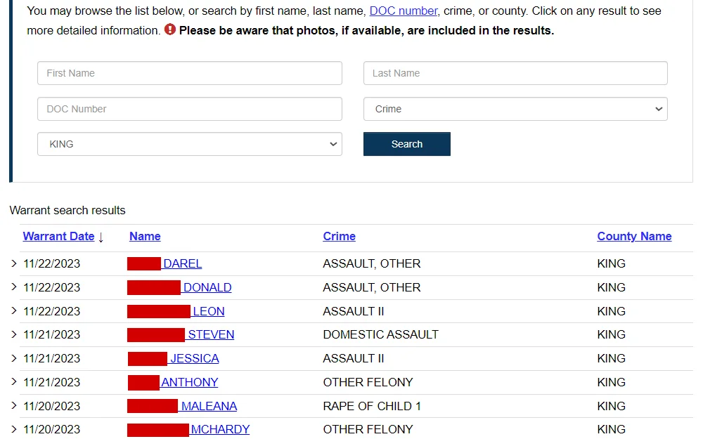 A screenshot of the warrant search tool from the Washington Department of Corrections showing the results for King county including the date, name, and crime.
